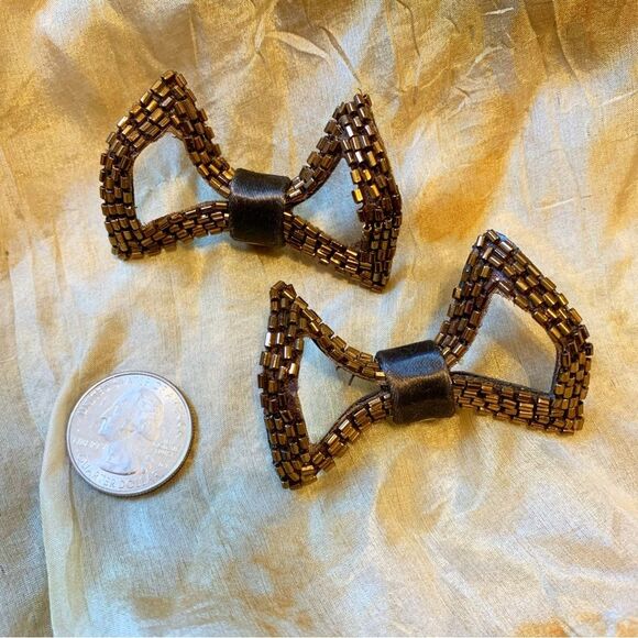 Vintage Copper Color Beaded Clip on Shoe Bows Buckles - Picture 2 of 4